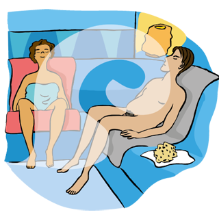 Ein Mann und eine Frau sitzen im Dampfbad