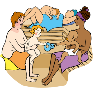 Frauen und Babys sitzen in der Sauna