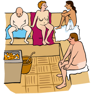 Männer und Frauen sitzen in einer Sauna